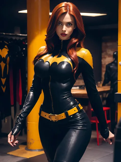 batgirl redhead sexy beautiful black and yellow tight-fitting leather jacket, tight-fitting leather pants, black high-heeled lea...