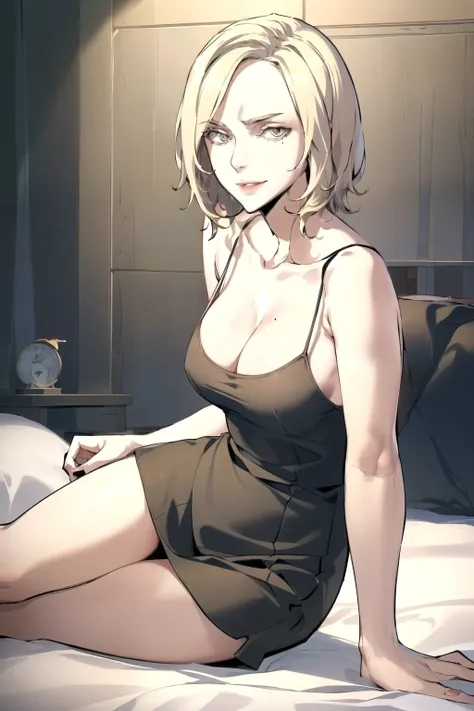 masterpiece, best quality, perfect anatomy, beautiful background, beautiful face, beautiful eyes, full body, alice, 1girl, solo, smiling, sexy, short hair, medium  breasts, blond hair, lying down on bed,wide hip, legs crossed, collarbone, mole, lips, tank ...