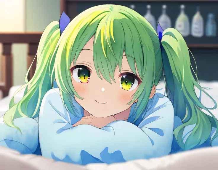 solo,Twin tails,smile,Medium Hair,Overall blurry
,(heterochromia green eye yellow eye),(Watercolor:1.2),Private Room,Dressed like a mess,lie down,Sleepy expression