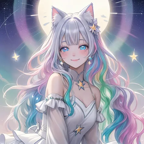 star、moon、sun、gem、Light、Sparkling、reflection、Cat ears with aurora-colored ribbon、Aurora colored hair、Aurora colored eyes、Aurora colored clothes、smile、Suncatcher、Drop line decoration、背景sunとmoonと窓