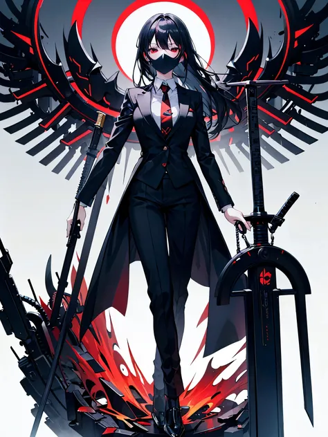 Masterpiece、High resolution、Very detailed、Solo Photos、This character is a girl with mechanical limbs.、 Red eyes, Wearing a black business suit（pants suit、Jacket、pants、tie）、Hold the sword in your left hand（Mechanical、detail、Large sword）、Wearing high-tech fa...