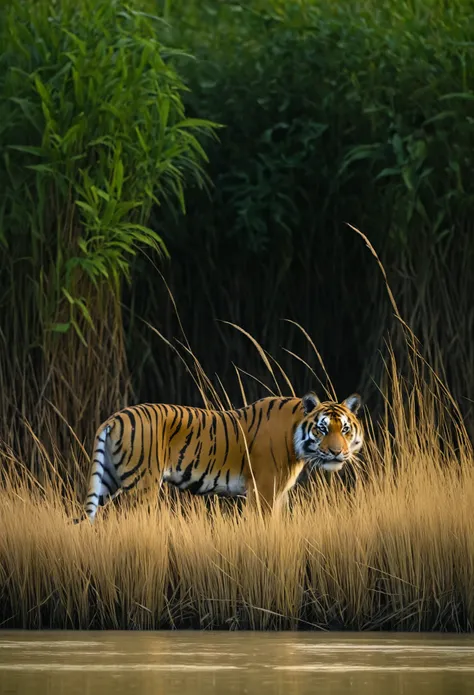 a brown-eyed tiger lurks on dry grass at down in Sundarban a deer is seen in front of it

