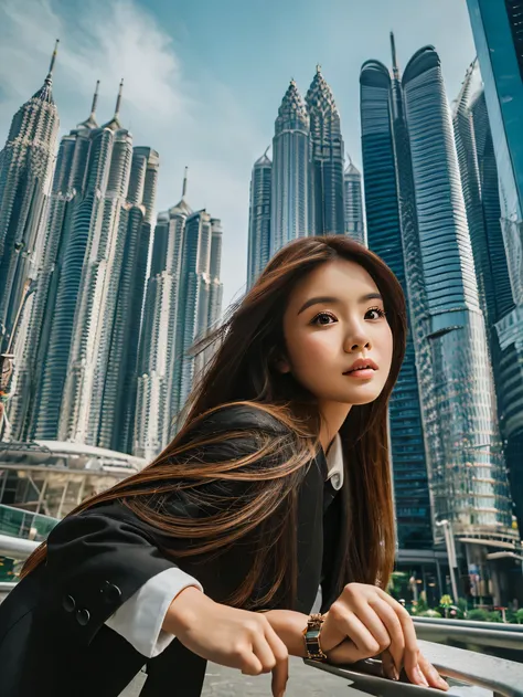 photography of an Indonesian woman with a thick body, long hair with brown layers, dressed in casual-formal black clothes, posing like a magazine model with the background of the Petronas twin towers, shot from below, super high image quality, very high de...