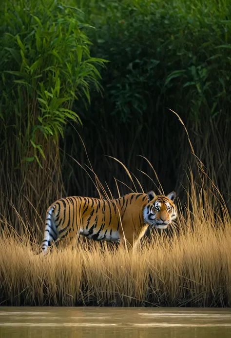 a brown-eyed tiger lurks on dry grass at down in Sundarban a deer is seen in front of it
