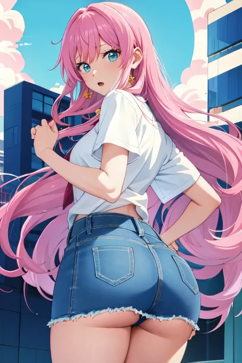 akari watanabe, long hair, solo,  pink hair, blue eyes, looking at viewer, round ass, thicc thighs,  1girl , a-line skirt, jeans