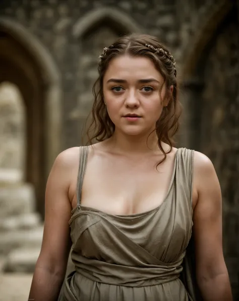 Foto RAW, Arya Stark, Extremely gorgeous lady, Arya Stark PLAYED BY MAISIE WILLIAMS, Queen Arya Stark, she  a mature woman now, milf, sexy mediaeval battle dress, gladiator woman, body, 40 years old Woman, Roman slave dress, cotton dress, busty mediaeval c...