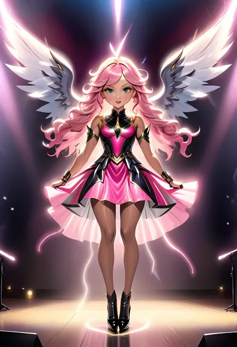 arafed, a picture of an angel rock star on stage, the angel, an exquisite beautiful female angel, dynamic hair style, dynamic hir color, wears a (pink: 1.3) intricate dress, (black: 1.2) high heels, her angelic wings are spread and has many lights shining ...