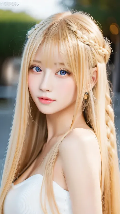 Beautiful super long straight silky hair with a dazzling golden shine、Bright expression、Blonde girl posing in a white top、long golden bangs between the eyes of the eyes,,,、Glossy fair skin、Glowing Cheeks、Reality Girls、16-year-old girl、Beautiful girl with s...