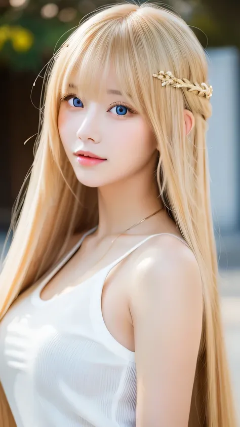 Beautiful super long straight silky hair with a dazzling golden shine、Bright expression、Blonde girl posing in a white top、long golden bangs between the eyes of the eyes,,,、Glossy fair skin、Glowing Cheeks、Reality Girls、16-year-old girl、Beautiful girl with s...