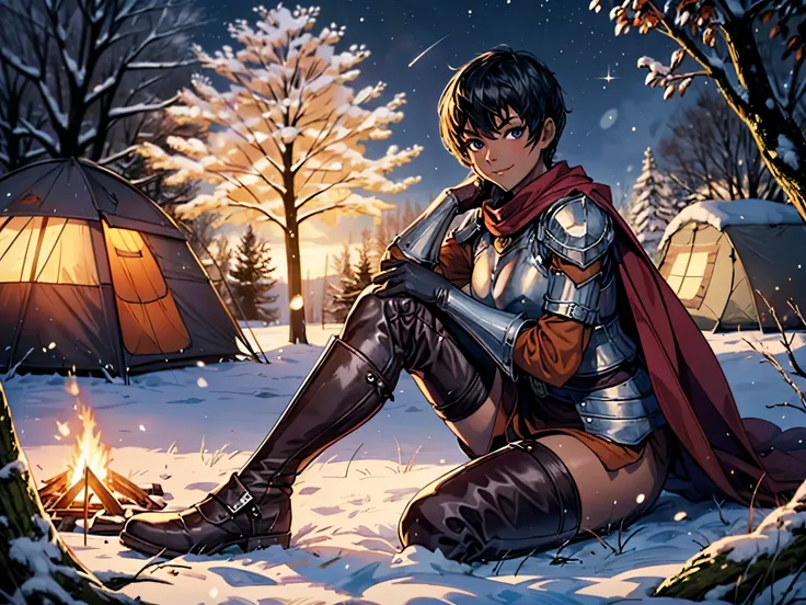 1girl, casca \(berserk\), breastplate, brown gloves, thigh boots, shoulder armor, cape, pelvis curtain,dark skin, winter, bare t...