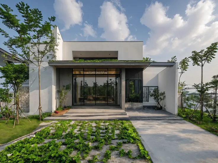 Masterpiece, high quality, best quality, authentic, super detail, outdoors, house style modern,bietthuhn, white wall, glass windows, gate road,pavement, grass, trees,blue sky, cloud, (day:1.1), realistic lighting, garden in front