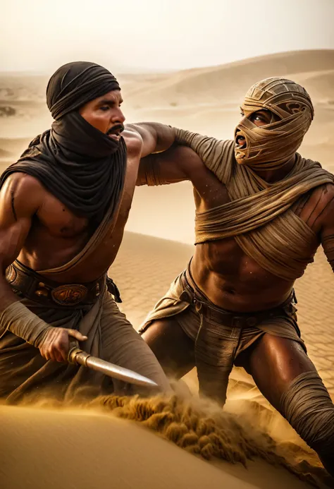 very dark focused flash photo, amazing quality, masterpiece, best quality, hyper detailed, ultra detailed, UHD, perfect anatomy, portrait, dof, hyper-realism, majestic, awesome, inspiring,Capture the thrilling showdown between the ancient mummy and the col...