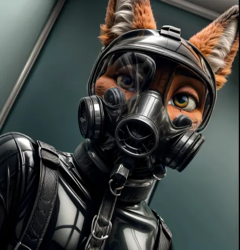 photograph, realistic, 4k, solo, furry, nick wilde, black rubber, medical examination room, (latex suit), looking at viewer, swe...