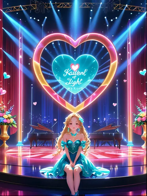 (Vision:1.5),1girl, concert,audience, (Idol stage),Neon,((舞台light)),Colorful,vase,Flowers,curtain,crystal Light,Heart shaped stage curtain and benches,Ballroom Background,Stage Background,chandelier,Anime Background Art Style Anime,Kingdom of Light Backgro...