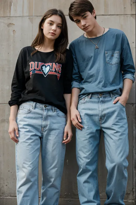 One young couple in baggy jeans