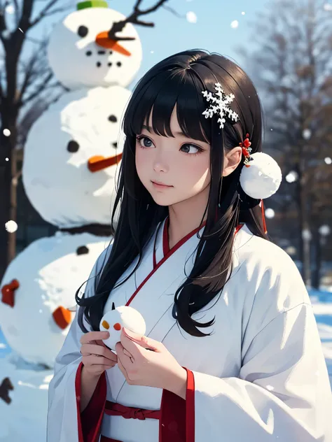 masterpiece, Realistic, highest quality, whole body, Black Super Long Hair, (((Beautiful Snow Woman)))), (Beautiful Snow Woman in Old Tales)))), (Japanese white kimono and white obi、Long red sleeves、Only the obi is hanging down, Face down、Looking up at the...