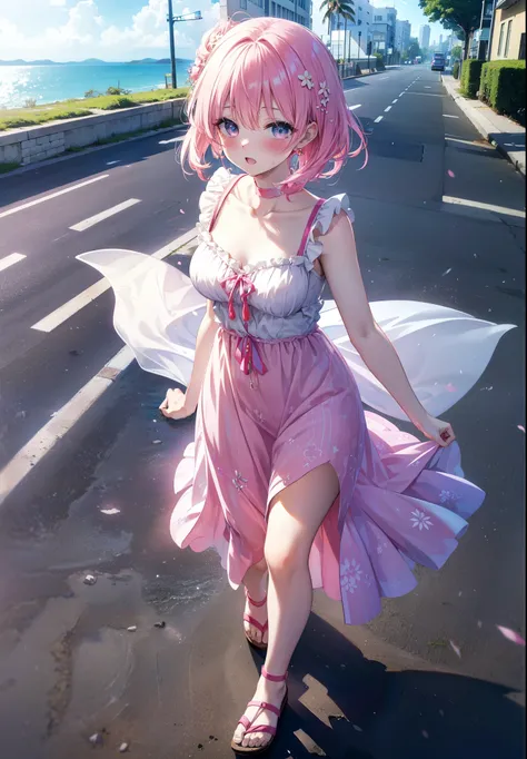 Model Luke, Momo Model Building Luke, Devil&#39;s Tail, Hair Flowers, hair ornaments, Pink Hair,Short Hair,(Purple eyes:1.1), smile,blush,happy smile, smile, Open your mouth,
, Sleeveless Pink Dress,Pink long skirt,Cute Sandals,walking,Real Summer,Daytime,...