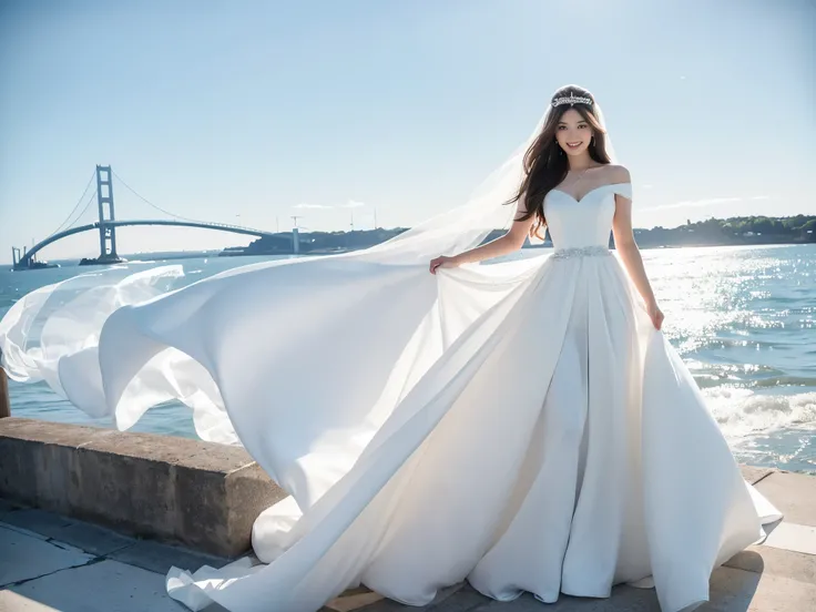 A woman with a beautiful and well-proportioned face 

hair waving in the wind 

(brown hair) 

calm smile 

G cup breasts 

wearing a wedding dress 

(white prom dress) 

(Theres a white wedding veil on my head) 

There is a big and long bridge 

The blue ...