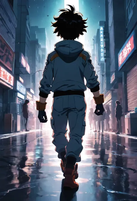 Create a stunning black and white movie poster inspired by Kohei Horikoshis my hero academia, showcasing 25 years old Deku in his iconic full superhero uniform walking into the dark void where their is nothing and no one than himself"