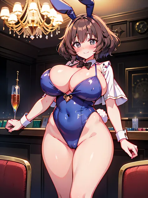 Anime illustration、highest quality、cyber punk、Otherworldly fantasy、casino、chandelier、A plump bunny girl with brown skin、Giant Magic Roulette Wheel、Bunny ears、Perfect proportions、Big Breasts、Thick legs、Beautiful, shining eyes、Blushing、smile、Cowboy Shot