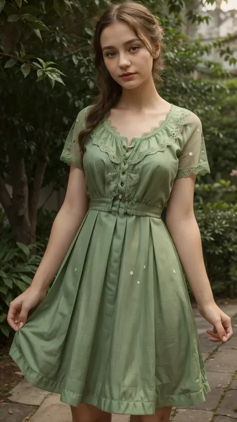  (simple style), green dress, Butterfly heart, pleated lace, Edwardian lace dress. add skin blemishes, acnes, spots beautifully, little smils, red lips, 