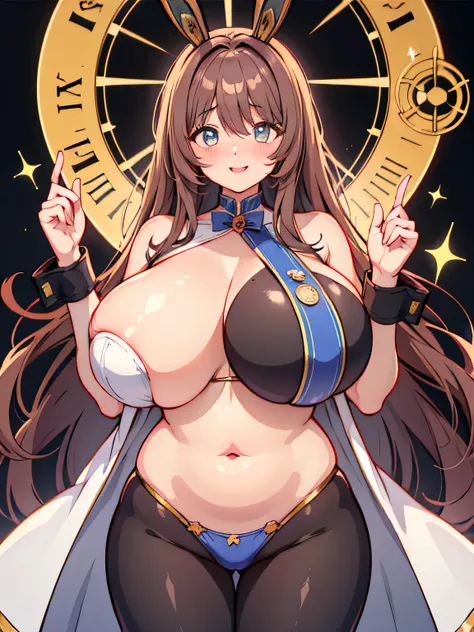 Anime illustration、highest quality、cyber punk、Otherworldly fantasy、Luxury Casino、A plump bunny girl with brown skin、Giant Magic Roulette Wheel、Bunny ears、Perfect proportions、Big Breasts、Thick legs、Beautiful, shining eyes、Blushing、smile、Cowboy Shot