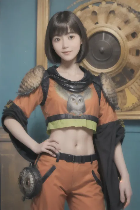 224 Short Hair, 20-year-old woman, A kind smile, (There are also colorful owls), (Rembrandt-style painting), ((machinery suit,Clothes with short sleeves)),I can see your abs