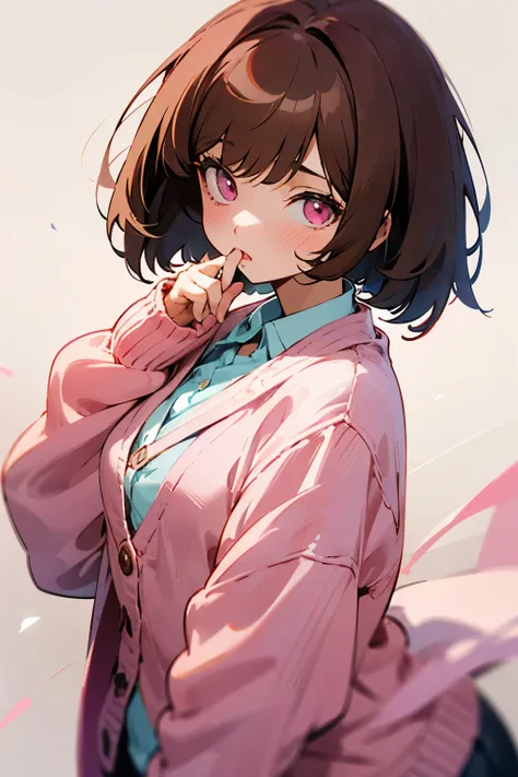 Brown hair, bob, pink eyes, beautiful girl, pink cardigan