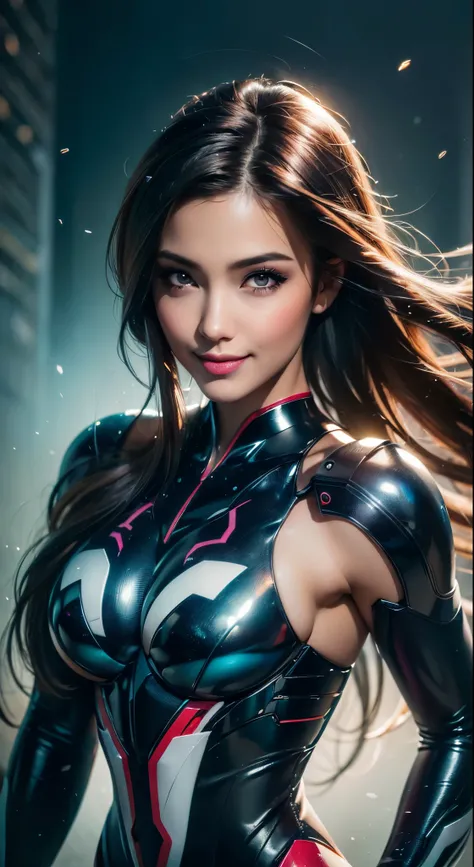 (best quality, ultra-detailed, photo-realistic:1.37), bright and vibrant colors, studio lighting, playful expression, stylish makeup, long dark hair flowing in the wind, alluring eyes, glossy lips, action pose, Reploid, Cyberspace, Megaman X, Zero, smiling...