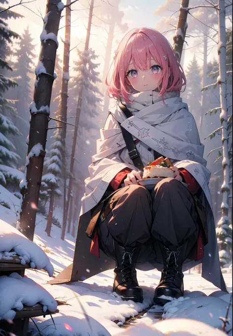 Model Luke, Momo Model Building Luke, Pink Hair,Devil&#39;s Tail, Hair Flowers, hair ornaments, (Purple eyes:1.1), smile,blush,White Breath,
Open your mouth,snow,Ground bonfire, Outdoor, boots, snowing, From the side, wood, suitcase, Cape, Blurred, Increas...