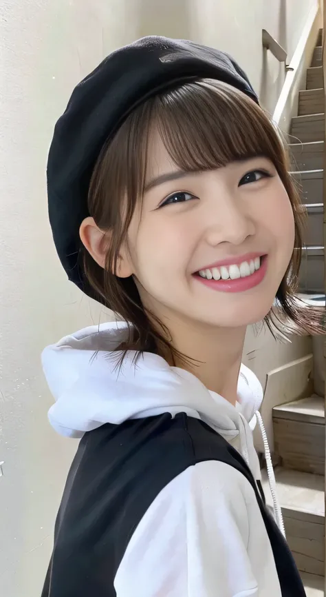 ８Ｋ、highest quality、Clear beauty、hoodie、smile、Beautiful teeth alignment、（Gums are visible）Black Hair、Short Haircut、hat、ear piercing、Upper Body、The background is a staircase

