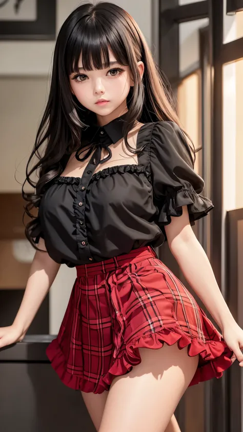 Detailed face、highlight、girl、thigh、breast enhancement、black髪、Heavy bangs、(Ruffled shirt、)(Checked mini skirt、red、black、)