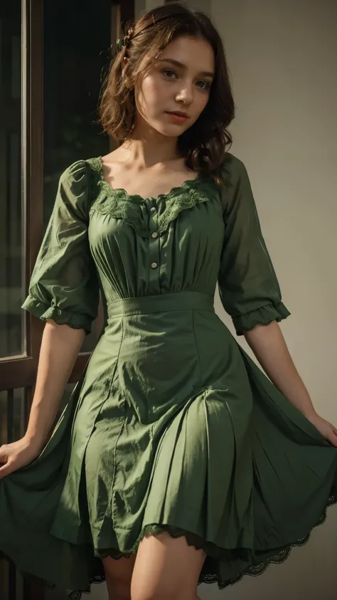  (simple style), green dress, Butterfly heart, pleated lace, Edwardian lace dress. add skin blemishes, acnes, spots beautifully, little smils, red lips, night time, super cute and gorgeous, 