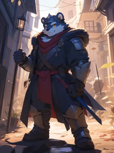 nj5furry，kemono，full-length portrait，anthro，hi res，male，juvenile，strong，Knight armor，Heavily armored warriors，Black Bear，Fluffy hair，Golden Eyes，Detailed eyes，Delicate eyes，Extremely high detail，8k high definition characters，optimistic and cheerful，Fightin...