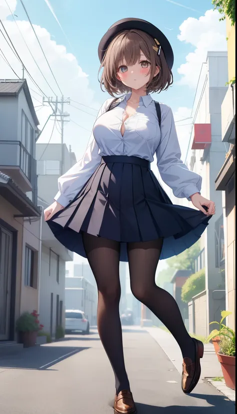 One Girl、Positive、From above、Full body portrait、Brown haired、Medium Haircut、blush、Absolute area、Knee socks、stockings、pantyhose、レースpantyhose、White underwear、Cleavage、Light blue cut shirt、Unbutton your shirt、Shirt buttons fly off、Navy blue checkered pleated ...