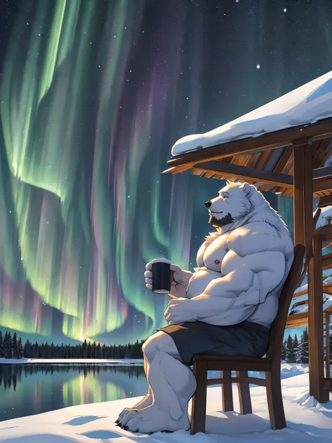 huge muscular and fat sitting in wood chair and enjoying hot coffee, big belly, snow, long beards, old man, (furry polar bear) w...