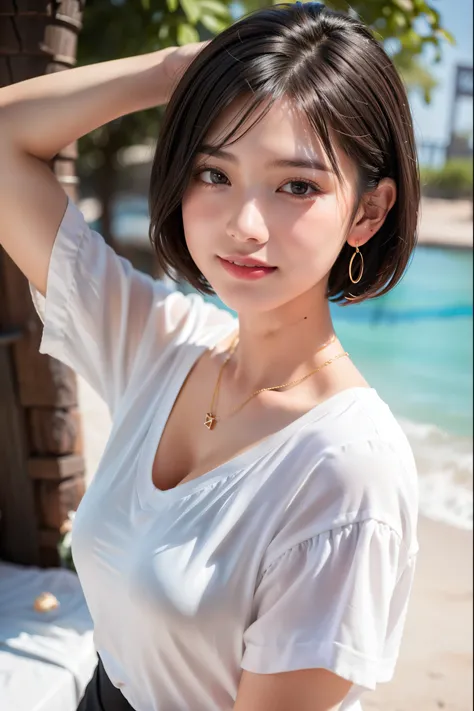 girl，Happy expression， short hair，Earrings，