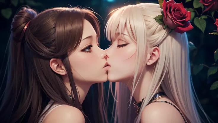 There is a close up of 2 kissing females,  they hugging each other and passionaly kissing in the rose garden, (ultra high quality fantasy art, dafk fantasy style, masterpiece, ultra highquality character design, 8k quality anime art, realistic anime art, t...