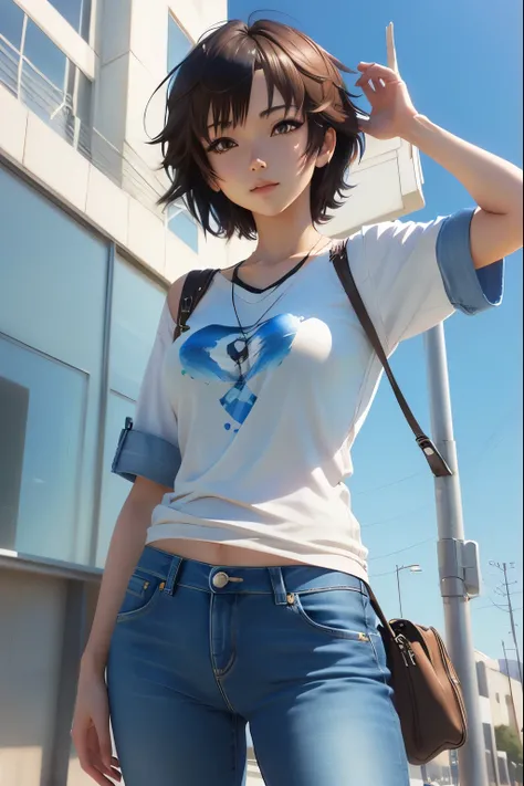 short hair、Anime girl in blue jeans posing for a photo, Smooth anime CG art, Realistic anime 3D style, Shinkai Makoto and artgerm, Shinkai Makoto. Digital Rendering, Realistic anime girl rendering, Realistic anime art style, Anime realism style, Shinkai Ma...