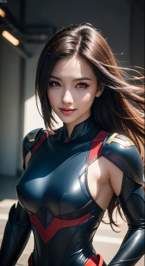 (best quality, ultra-detailed, photo-realistic:1.37), bright and vibrant colors, studio lighting, playful expression, stylish makeup, long dark hair flowing in the wind, alluring eyes, glossy lips, action pose, Reploid, Cyberspace, Megaman X, Zero, smiling...