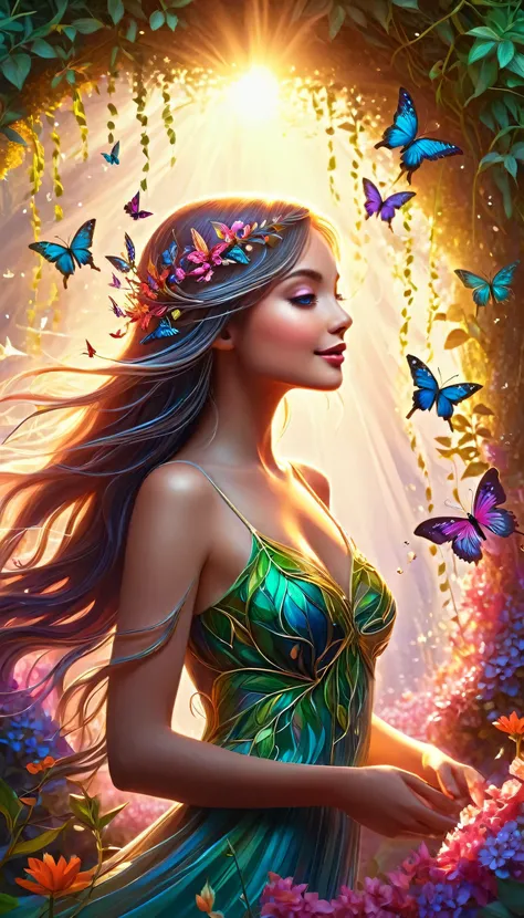 In a magical world, a plant girl with glowing vines and flowers, delicately created skin and ethereal beauty emerges. She is surrounded by vibrant and enchanted foliage, with colorful petals seemingly dancing in the wind. Her eyes sparkle with a hint of my...