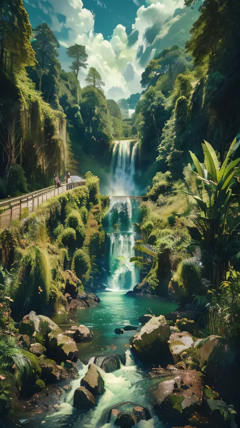 there is a waterfall in the middle of a lush green forest, photorealistic landscape, hyperrealistic landscape, realism | beeple, beeple. hyperrealism, beautiful render of a landscape, forest and waterfall, dreamy matte painting, 4k highly detailed digital ...