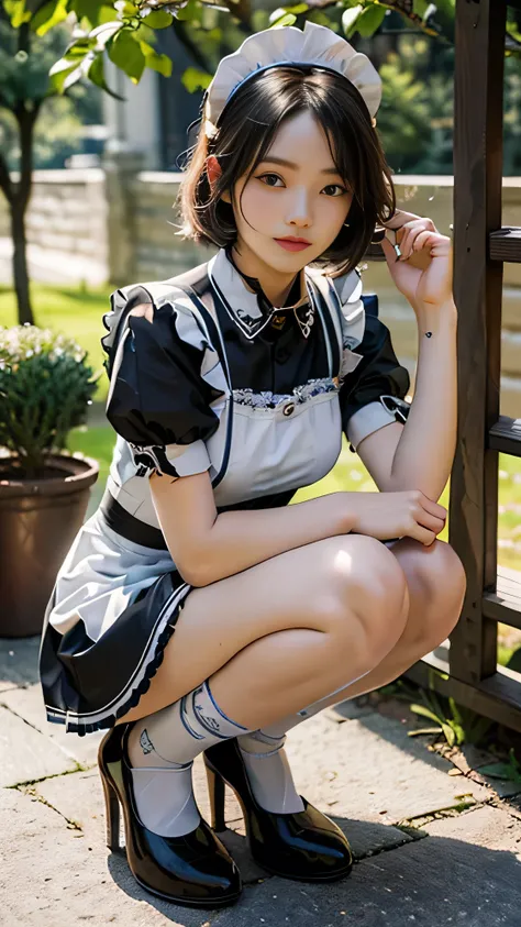 8K, ultra high resolution, best quality, masterpiece, surreal, picture, 1 girl, (16 years old: 1.3), Pretty Woman, Cute face, beautiful details, (maid uniform: 1.5), ((shining eyes)), in the garden, stockings, high heel