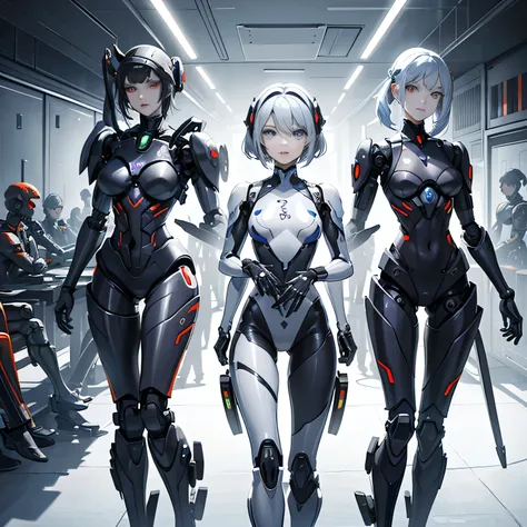 Multiple robot women,
They all have perfect human female faces..,
Everything is mechanical except for the face.,
Not everyone is dressed,
They all have different hair colors,
Everyone has a different hairstyle,
Everyone has different eye colors,
Ve...