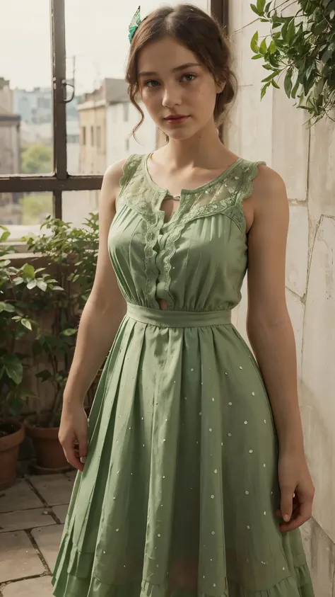  (simple style), green dress, Butterfly heart, pleated lace, Edwardian lace dress. add skin blemishes, acnes, spots beautifully, little smils, red lips, night time, super cute and gorgeous, 