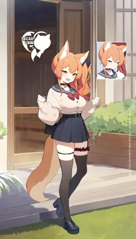 one girl,shiba inu ears,shiba inu tail,high school student,gal,whole body,are standing,dynamic,concept art,side ponytail,scrunch...