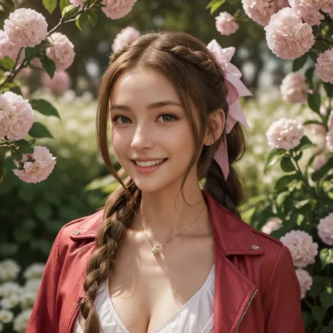 UHD, (masterpiece, highest quality), Aerith Gainsborough, (1 young beautiful girl, solo:1.1), (hair, long hair, brown hair, dutch hair, Braided ponytail), (Eyes, Big Eyes:1.2), (green Eyes:1.1), bow, ribbon, jewelry, necklace, (Breasts, (natural mid breast...