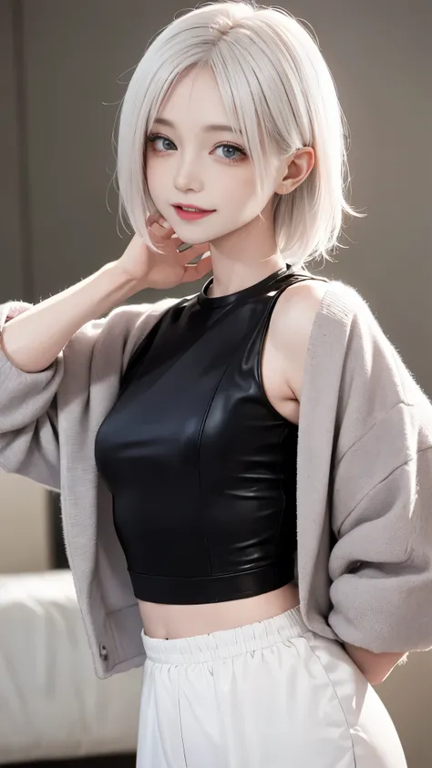 Best image quality、RAW Photos、超A high resolution、Small breasts、Dynamic Angle、Cowboy Shot、Chaos in its most beautiful form、elegant、brutalism design、Vibrant colors、beautiful white hair、Short hair、smile、fun、smile、Shiny white skin、Beautiful eyes with random co...