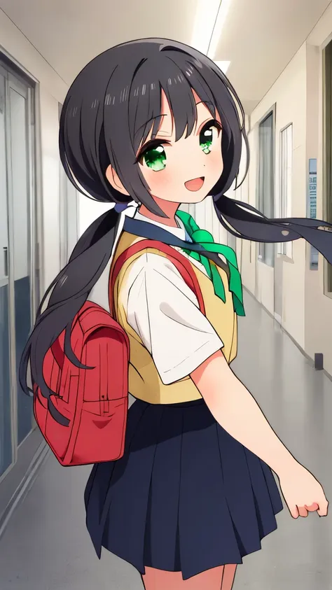 1 girl,(((two knots,low twintail))),black hair,emerald eye,school corridor,smile,close mouth,from side