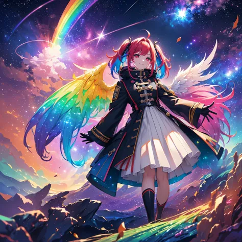 ((fantasy　rainbow hair　make your hair rainbow-colored on the inside　long hair　dull red eyes　have a galaxy　uniform　put on a coat ...